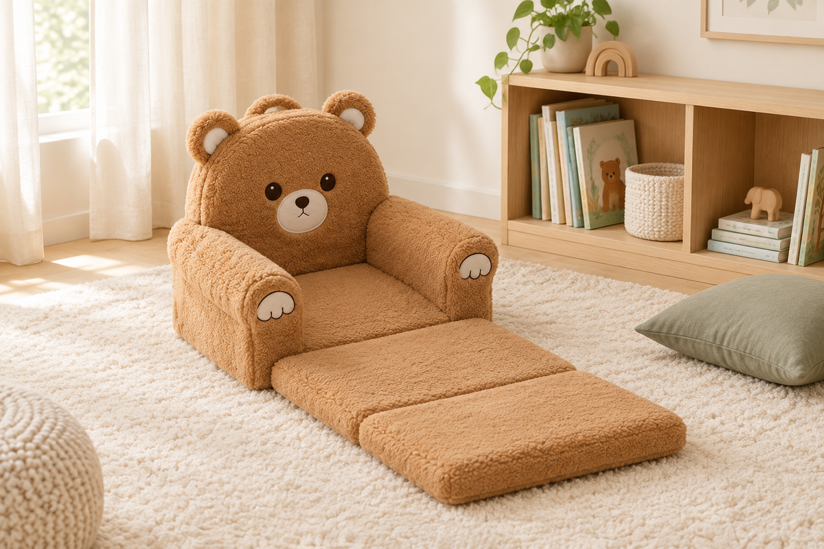 Fold-out bear sofa opened in a reading nook